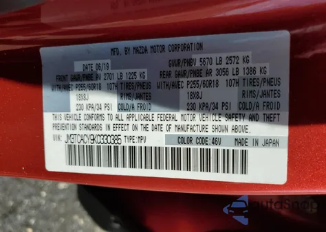 2019 Mazda Cx-9 Touring z USA, uszkodzony, nr VIN JM3TCACY9K0330385